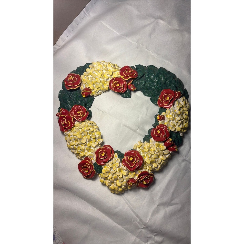 Vintage 1997 Wangs International Hand Painted Resin Floral Heart Wreath Red Rose